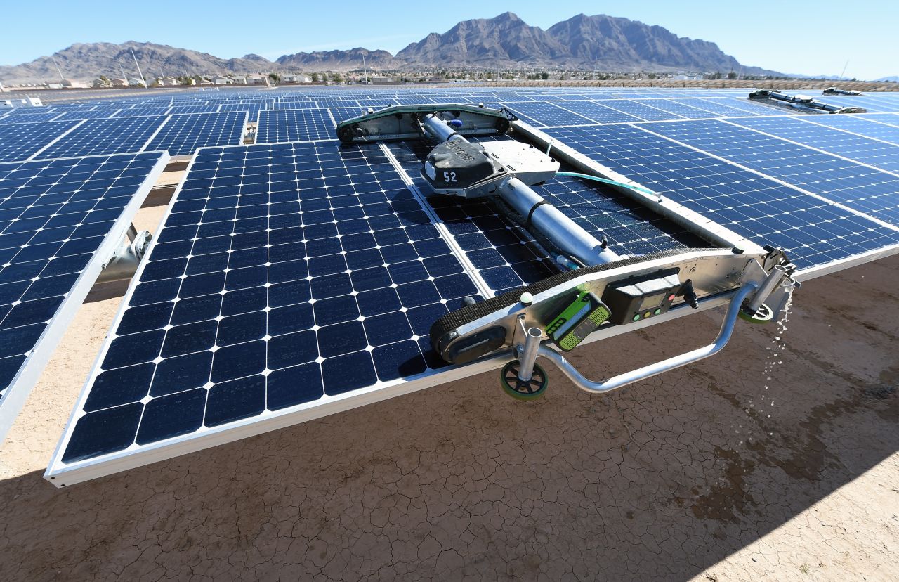 Nellis Air Force Base's solar initiative combines the 13.2-megawatt  Nellis Solar Star  and 15-megawatt Solar Array II Generating Station, allowing the base to be energy independent on sunny days <a href="https://www.nvenergy.com/publish/content/dam/nvenergy/brochures_arch/about-nvenergy/our-company/power-supply/Nellis-Fact-Sheet.pdf" target="_blank" target="_blank">according Nevada Energy</a>. Eight robots (pictured) clean the panels using 75% less water than manual methods -- and can clean all 43,000 within two days.
