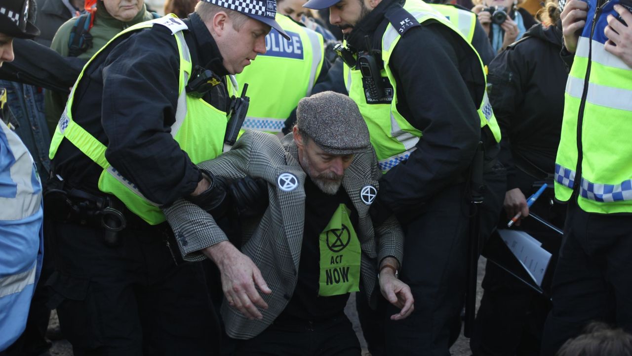An Extinction Rebellion protester blocking Blackfriars Bridge, in London, November 2018.