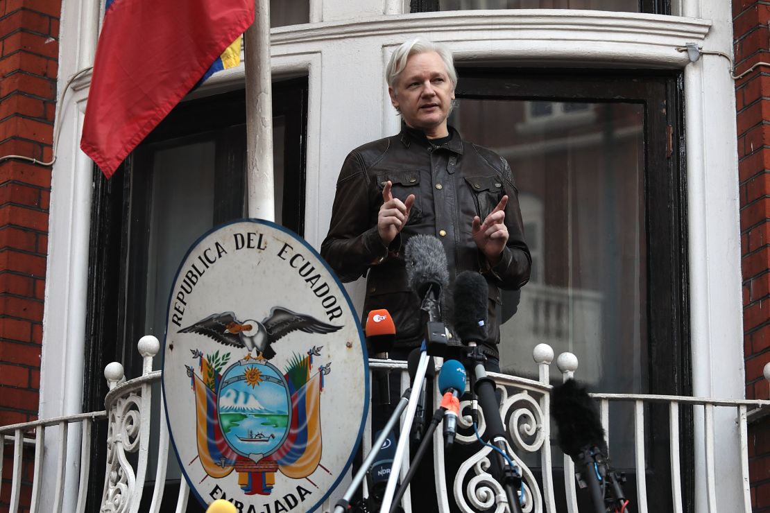 Julian Assange speaks to the media from the balcony of the Ecuadorian Embassy in London on May 19, 2017.