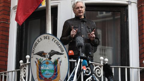 Julian Assange speaks to the media from the balcony of the Ecuadorian Embassy in London on May 19, 2017.