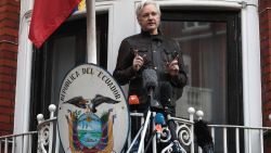 LONDON, ENGLAND - MAY 19:  Julian Assange speaks to the media from the balcony of the Embassy Of Ecuador on May 19, 2017 in London, England.  Julian Assange, founder of the Wikileaks website that published US Government secrets, has been wanted in Sweden on charges of rape since 2012.  He sought asylum in the Ecuadorian Embassy in London and today police have said he will still face arrest if he leaves.  (Photo by Jack Taylor/Getty Images)