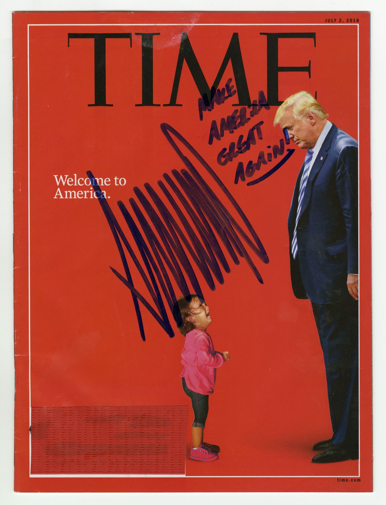 Magazines are featured including high-profile autographed covers that were critical of Trump.
