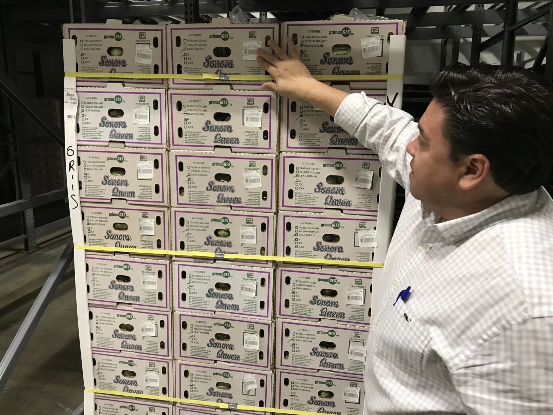 Jaime Chamberlain, co-owner of Chamberlain Distribution Inc., showed boxes of Mexican gray squash on the US side of the border. Unpredictable border policy is making it difficult to plan.