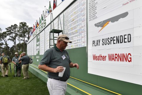 Play was suspended for a while because of the threat of thunderstorms in the Augusta area. 