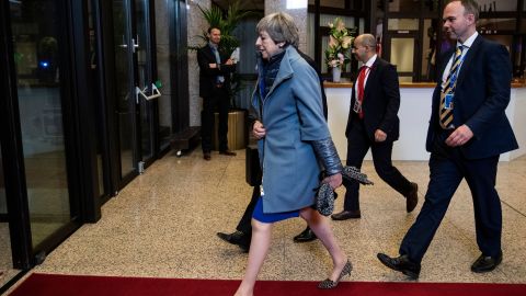 British Prime Minister Theresa May leaving a European Council meeting on Brexit at The European Parliament in Brussels on April 11.