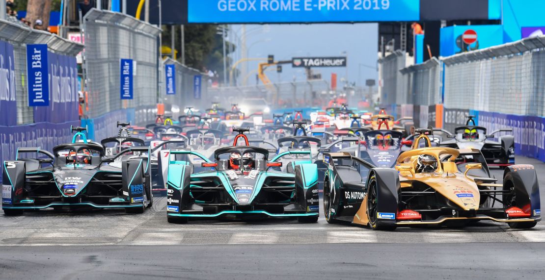 Drivers enter the first turn at the start of the Rome E-Prix.