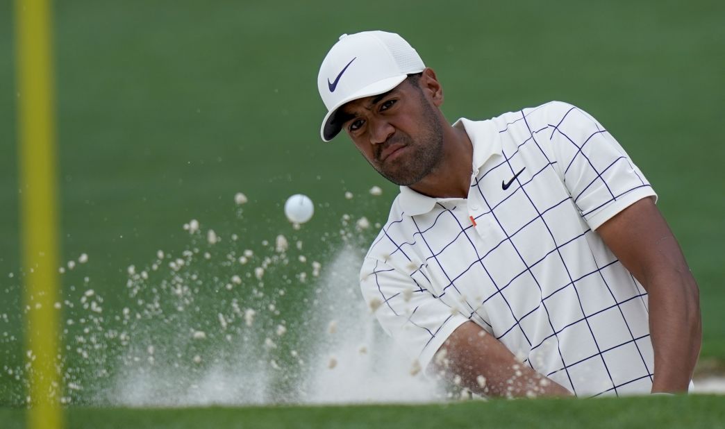 American Tony Finau sat alongside Woods. Finau dislocated his ankle in the par-3 contest ahead of his debut in last year's Masters.  