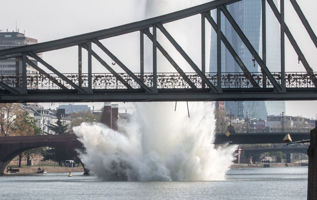 Water shoots out of the Main River as the bomb is detonated.