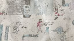 Ten-year-old Faizal took part in an activity at a Child Friendly Space in a camp in Beira, Mozambique. He draw his home before and after Cyclone Idai hit his community. This picture depicts his home after the cyclone. 