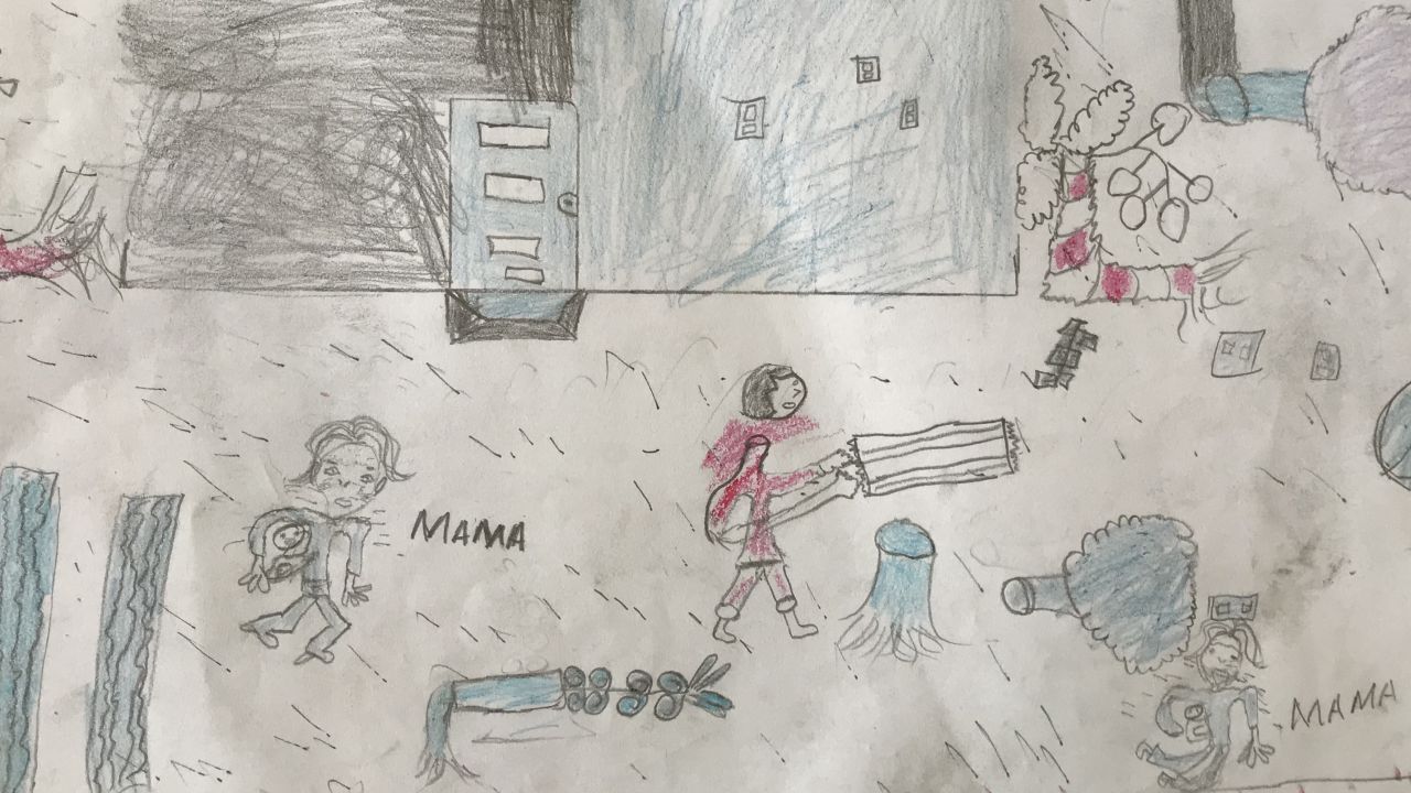 This picture, drawn by Faizal, depicts his home after the cyclone. 