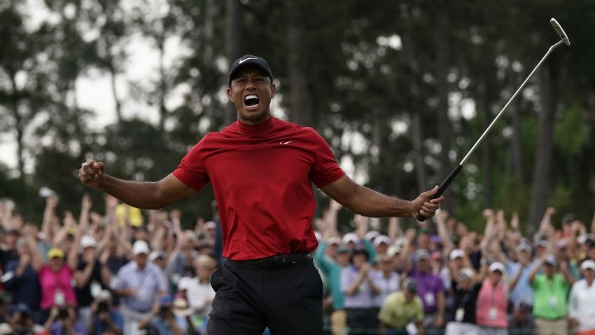 Tiger Woods reacts as he wins the Masters golf tournament Sunday, April 14, 2019, in Augusta, Ga. (AP Photo/David J. Phillip)