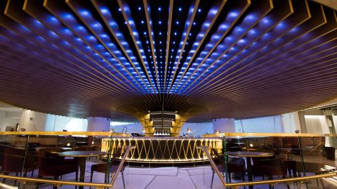 The futuristic-looking hotel bar takes center-stage on the hotel's ground level floor.