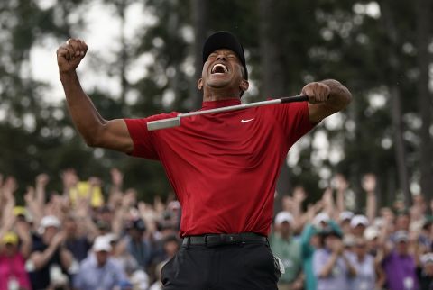 Tiger Woods reacts as he wins the 2019 Masters golf tournament on Sunday, April 14 in Augusta.