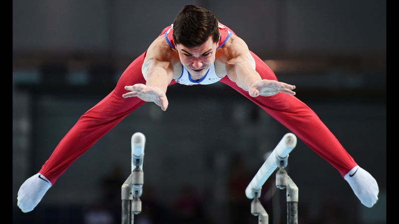 Russia's Artur Dalaloyan performs on the parallel bars during the men's all-around final at the Artistic Gymnastics Championships in Szczecin, Poland, on April 12. 