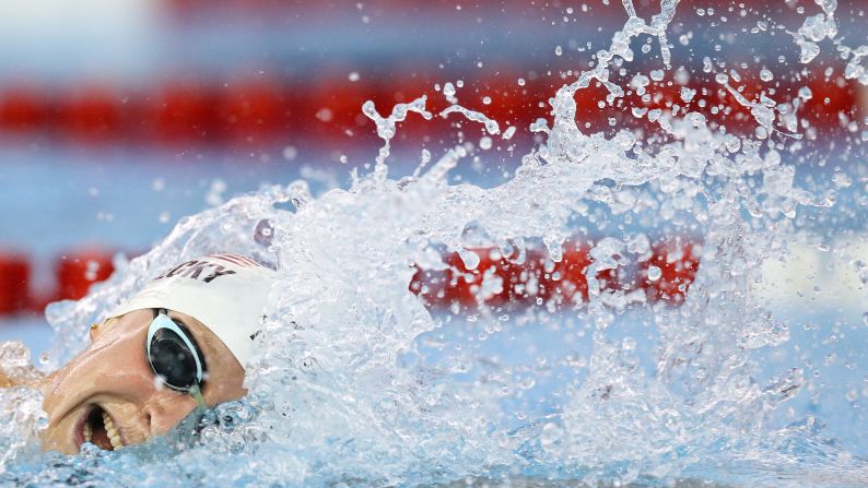 Katie Ledecky competes in the women's 800 meter freestyle during day one of the TYR Pro Swim Series at Collegiate School Aquatics Center on April 10 in Richmond, Virginia.