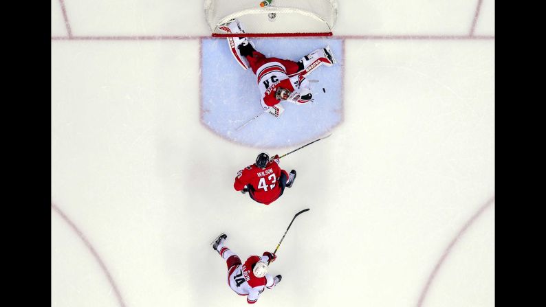 Washington Capitals right wing Tom Wilson scores in the third period against Carolina Hurricanes goaltender Petr Mrazek on April 13 at the Capital One Arena in Washington in the first round of the Stanley Cup Playoffs.
