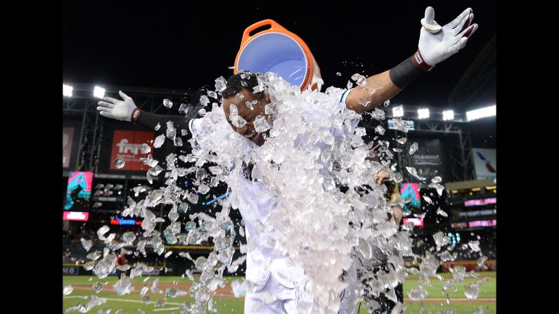 Arizona Diamondbacks center fielder Jarrod Dyson is doused with Gatorade after a ninth inning walk-off two-run home run against the Texas Rangers at Chase Field on April 9. 