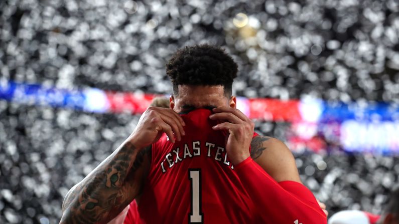Brandone Francis (1) of the Texas Tech Red Raiders reacts after his team's 85-77 loss to the Virginia Cavaliers in the 2019 NCAA men's Final Four National Championship game at U.S. Bank Stadium on April 8 in Minneapolis.