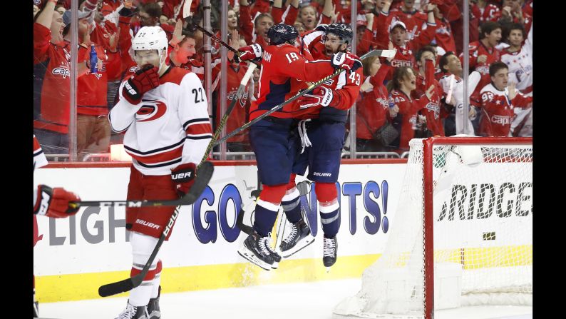Washington Capitals right wing Tom Wilson (43) celebrates with Capitals center Nicklas Backstrom (19) after scoring a goal against the Carolina Hurricanes in the third period in game two of the first round of the 2019 Stanley Cup Playoffs at Capital One Arena on April 13.