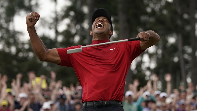 Tiger Woods celebrates after sinking his putt on the 18th green to win during the final round of the Masters in Augusta, Georgia, on April 14. <a href="index.php?page=&url=https%3A%2F%2Fwww.cnn.com%2F2019%2F04%2F14%2Fsport%2Fmasters-2019-augusta-final-round-spt-intl%2Findex.html" target="_blank">This is his fifth Masters win, and his first since 2005.</a>