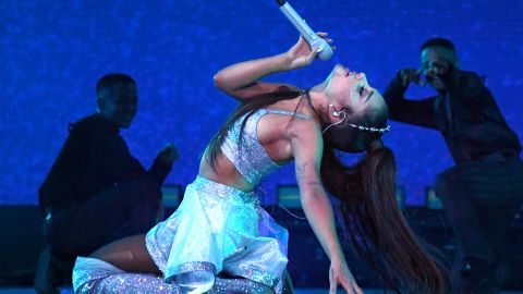 Ariana Grande seen performing at the 2019 Coachella Valley Music And Arts Festival. She will headline the last night at Lollapalooza.