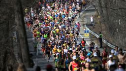 HOPKINTON, MA - APRIL 17: The first wave of runners follows the elite men at the first kilometer mark of the 121st running of the Boston Marathon in Hopkinton, MA on Apr. 17, 2017. (Photo by Lane Turner/The Boston Globe via Getty Images)
