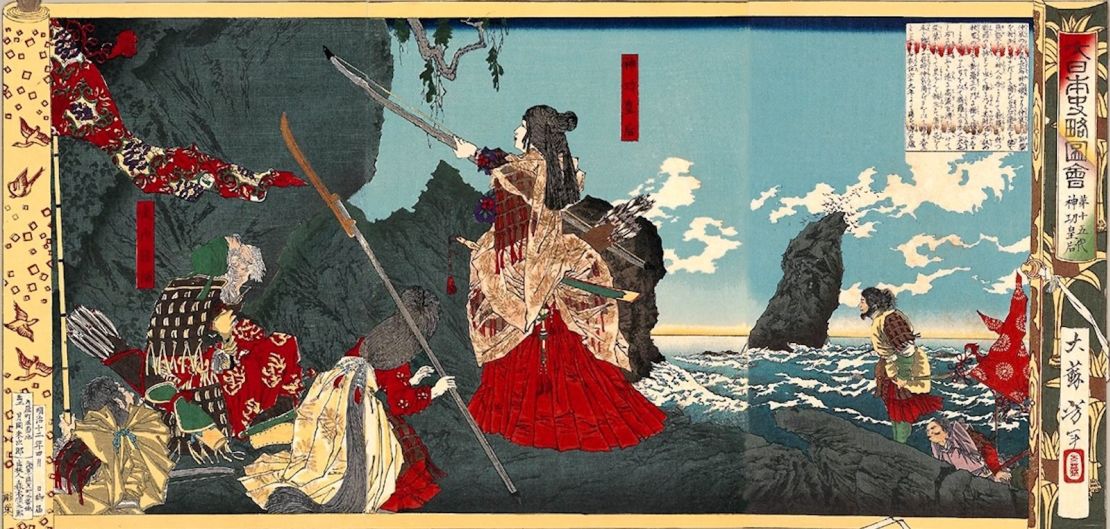 Empress Jingu depicted in a woodblock print is viewed as a quasi-mythical, quasi-historical figure.