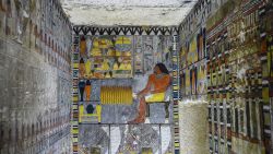 This picture taken on April 13, 2019 shows a view inside the newly-dicovered tomb of the ancient Egyptian nobleman "Khewi" dating back to the 5th dynasty (24942345 BC), at the Saqqara necropolis, about 35 kilometres south of the capital Cairo. (Photo by Mohamed el-Shahed / AFP)        (Photo credit should read MOHAMED EL-SHAHED/AFP/Getty Images)