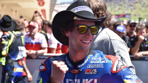Alex Rins celebrates his victory at the Grand Prix of the Americas.