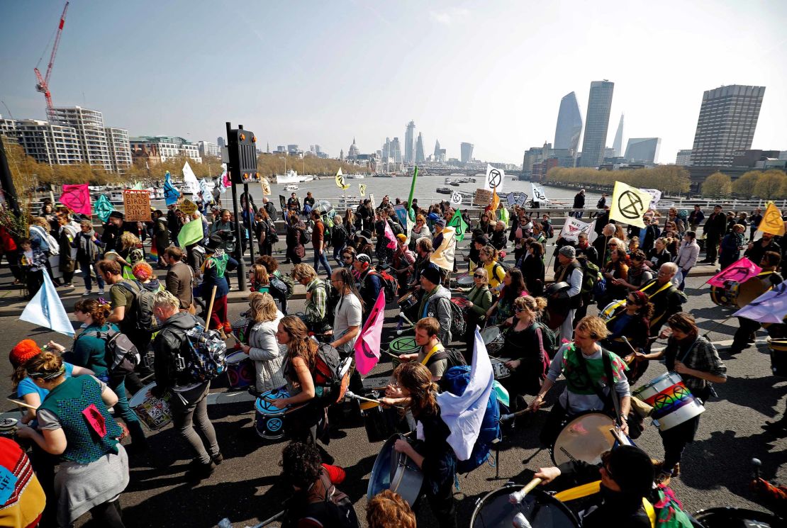 Extinction Rebellion protesters block Waterloo Bridge.
