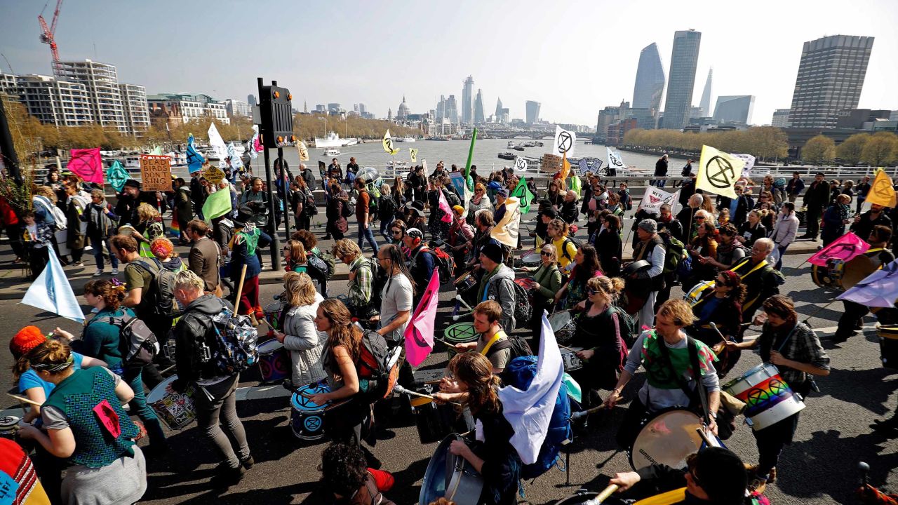 Extinction Rebellion demonstrating on Waterloo Bridge, London, April 15, 2019.