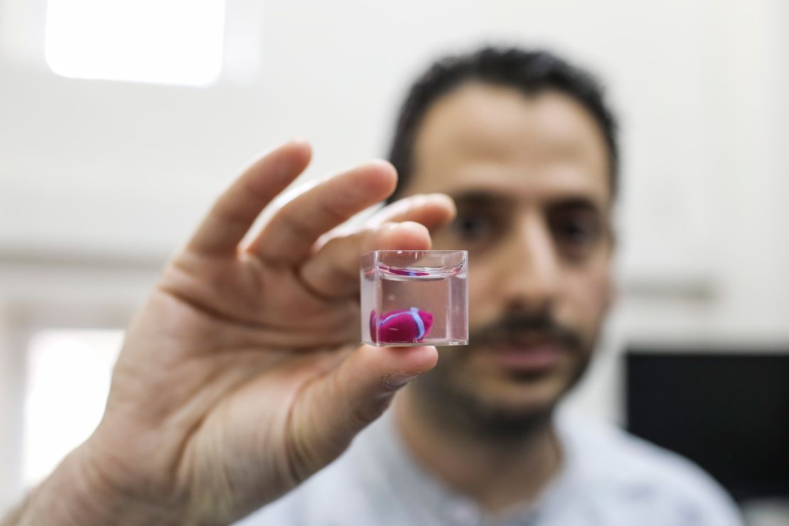 A researcher holds the 3D-printed prototype of a human heart.