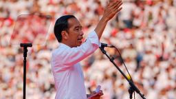 Indonesian President Joko Widodo, popularly known as Jokowi, gives a speech to supporters at a rally at Jakarta's main stadium on April 13, 2019 in Jakarta, Indonesia. 