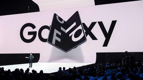 Samsung senior vice president of product marketing Justin Denison speaks on stage about the new foldable phone during the Samsung Unpacked product launch event in San Francisco, California on February 20, 2019.