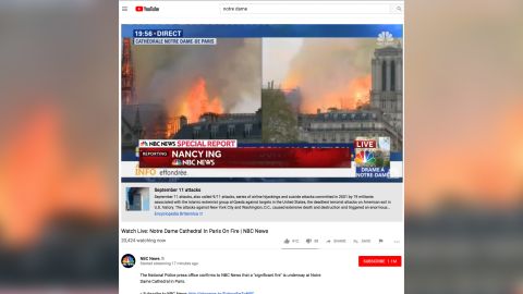 YouTube mistakenly put links to information about 9-11 underneath videos of the Notre Dame fire.