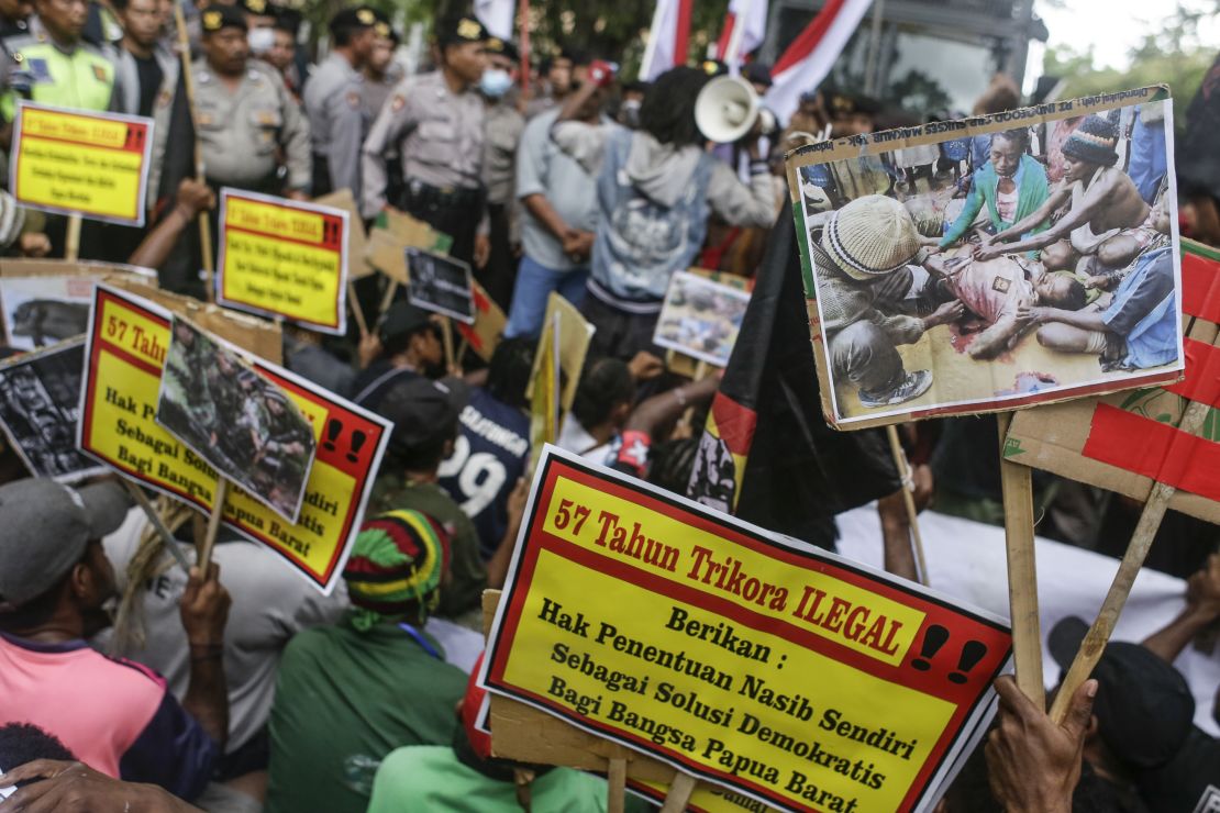 West Papuan activists hold banners during an independence rally in Denpasar, Bali, Indonesia on December 19 2018. 