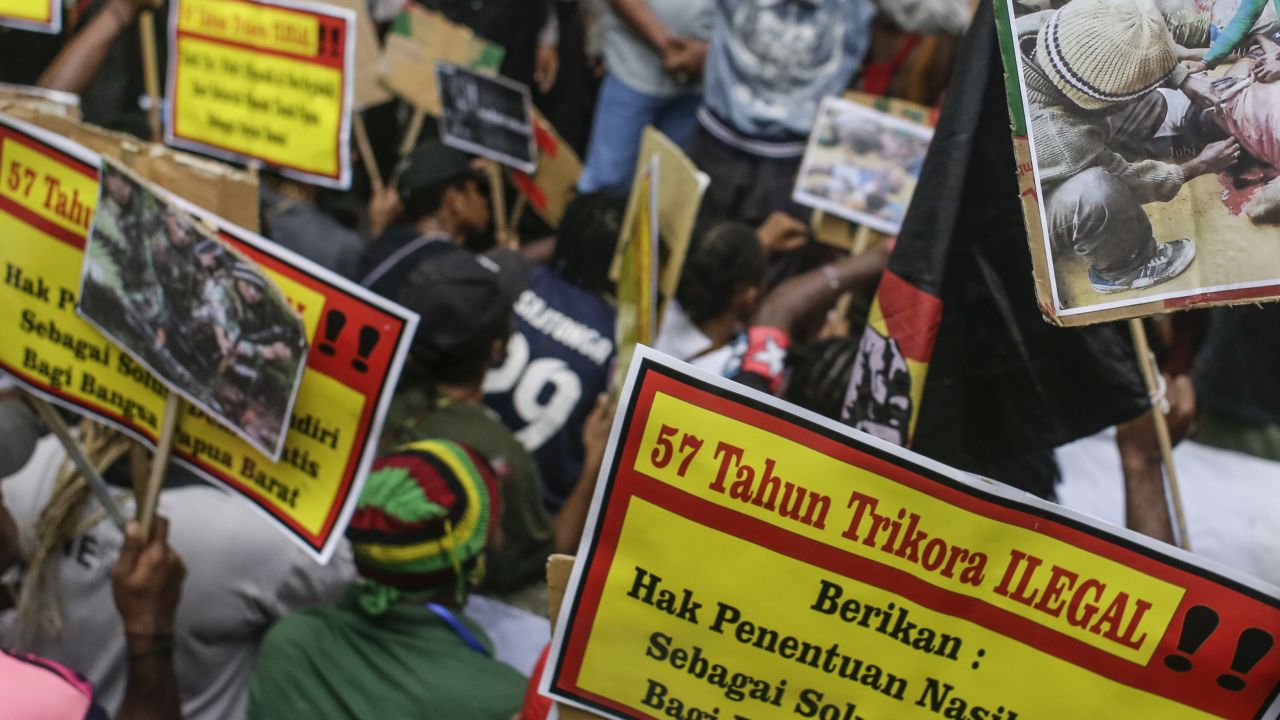 West Papuan activists hold banners during an independence rally in Denpasar, Bali, Indonesia on December 19 2018. 