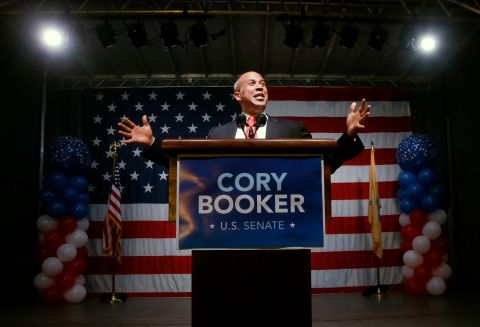 Booker addresses supporters after winning the Democratic primary in August 2013. He went on to defeat Republican Steve Lonegan in October.