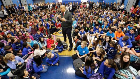 Booker addresses a gathering of students and parents at his childhood school in Harrington Park, New Jersey, in November 2014. He had just been re-elected a day earlier.