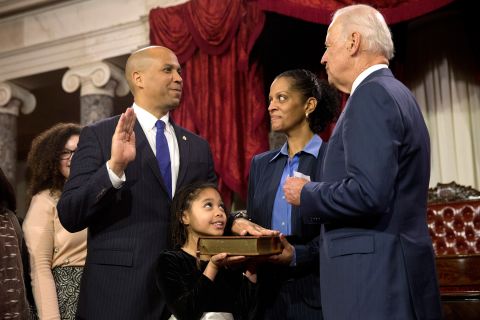 Vice President Joe Biden administers the Senate oath to Booker in January 2015. Holding the Bible is Booker's niece, Zelah, and his sister-in-law, Lucille.