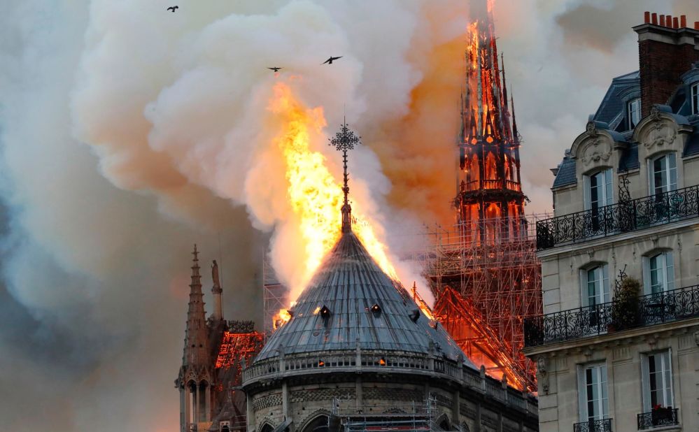 Smoke and flames rise from Notre Dame cathedral on April 15, 2019.
