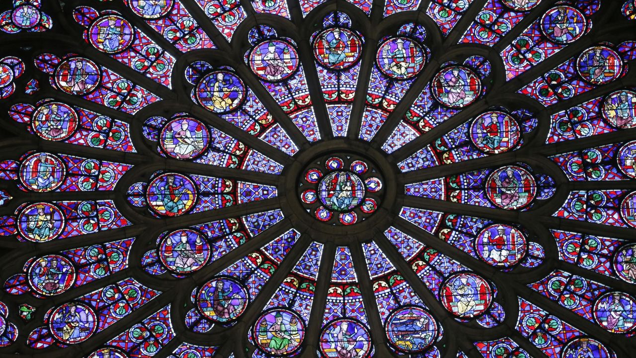The stained glass on the northern side of the Notre Dame cathedral in Paris.