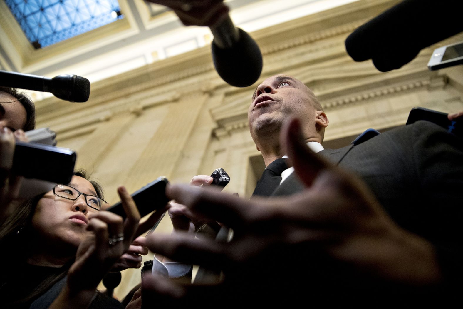 Booker speaks to members of the media following a confirmation hearing for US Sen. Jeff Sessions, a Republican from Alabama who was nominated to be attorney general. Booker <a href="index.php?page=&url=https%3A%2F%2Fwww.cnn.com%2F2017%2F01%2F11%2Fpolitics%2Fcory-booker-jeff-sessions%2Findex.html" target="_blank">broke with tradition</a> and became the first sitting senator to testify against a fellow senator's nomination for a Cabinet post.