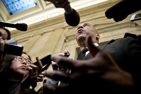 Booker speaks to members of the media following a confirmation hearing for US Sen. Jeff Sessions, a Republican from Alabama who was nominated to be attorney general. Booker <a href="https://www.cnn.com/2017/01/11/politics/cory-booker-jeff-sessions/index.html" target="_blank">broke with tradition</a> and became the first sitting senator to testify against a fellow senator's nomination for a Cabinet post.