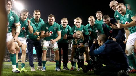 Ireland players celebrate defeating the All Blacks in November last year. 