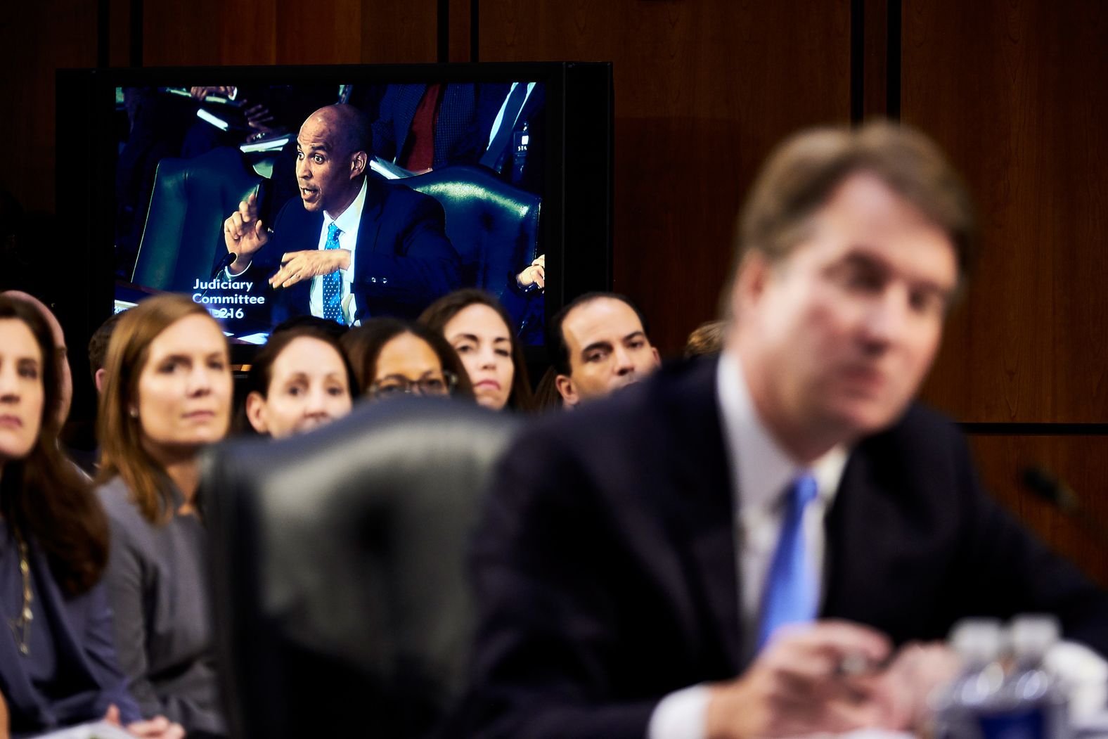 Booker questions Judge Brett Kavanaugh, President Trump's nominee for the US Supreme Court, during Kavanaugh's confirmation hearing in September 2018.