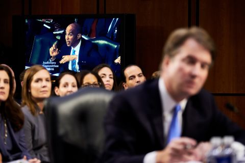 Booker questions Judge Brett Kavanaugh, President Trump's nominee for the US Supreme Court, during Kavanaugh's confirmation hearing in September 2018.