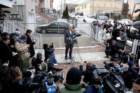 After announcing that he would be running for president, Booker speaks to the press outside his home in Newark in February 2019.