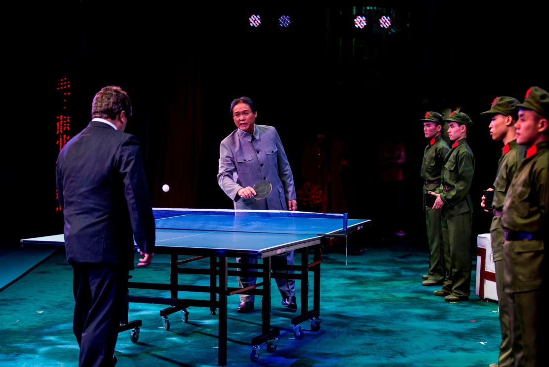 Actor Loong Koon-tin plays ping pong as former Chinese leader Mao Zedong.