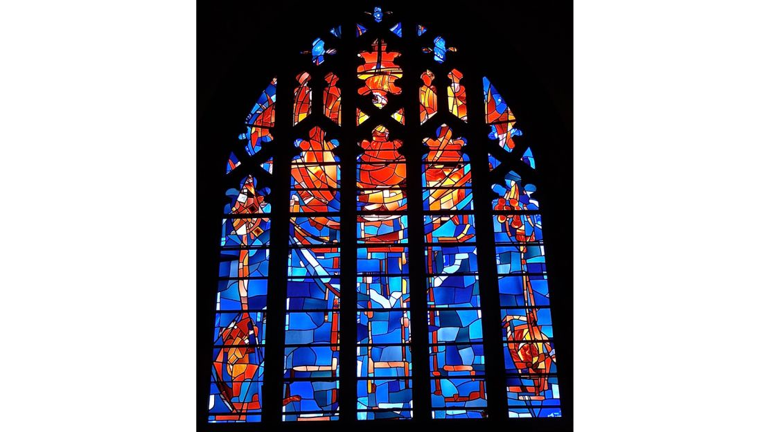 Rona Moody designed this stained glass in St Andrews Psalter Lane Church in the UK.